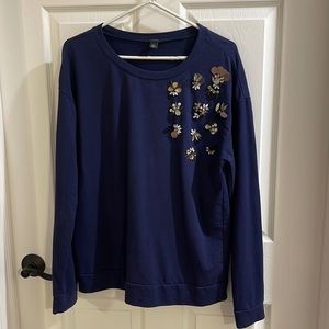 Halogen size large navy crewneck sweater with beading embellishments on 1 side.
